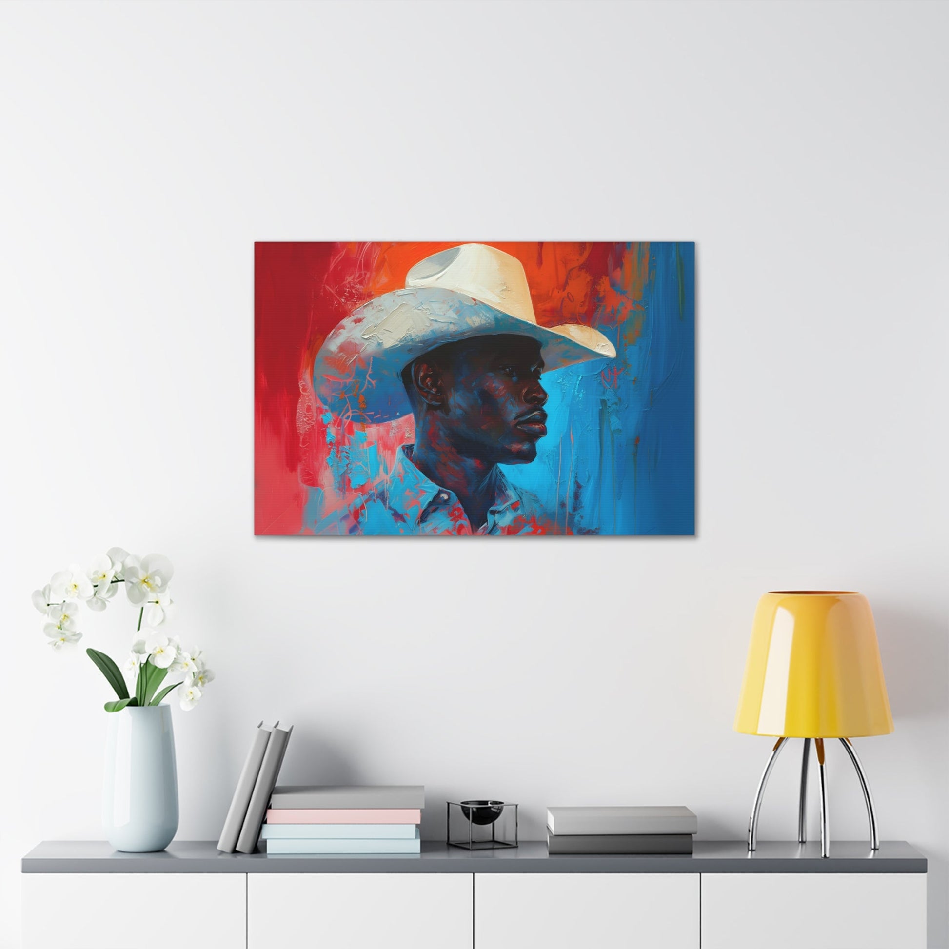 Horizontal-oriented artwork: Portrait of a Cowboy III depicts a close-up portrait of a lone cowboy, his face partially obscured by a wide-brimmed hat, rendered in the Impressionist style with charming details and contrasting values, capturing the rugged beauty of the Old West.