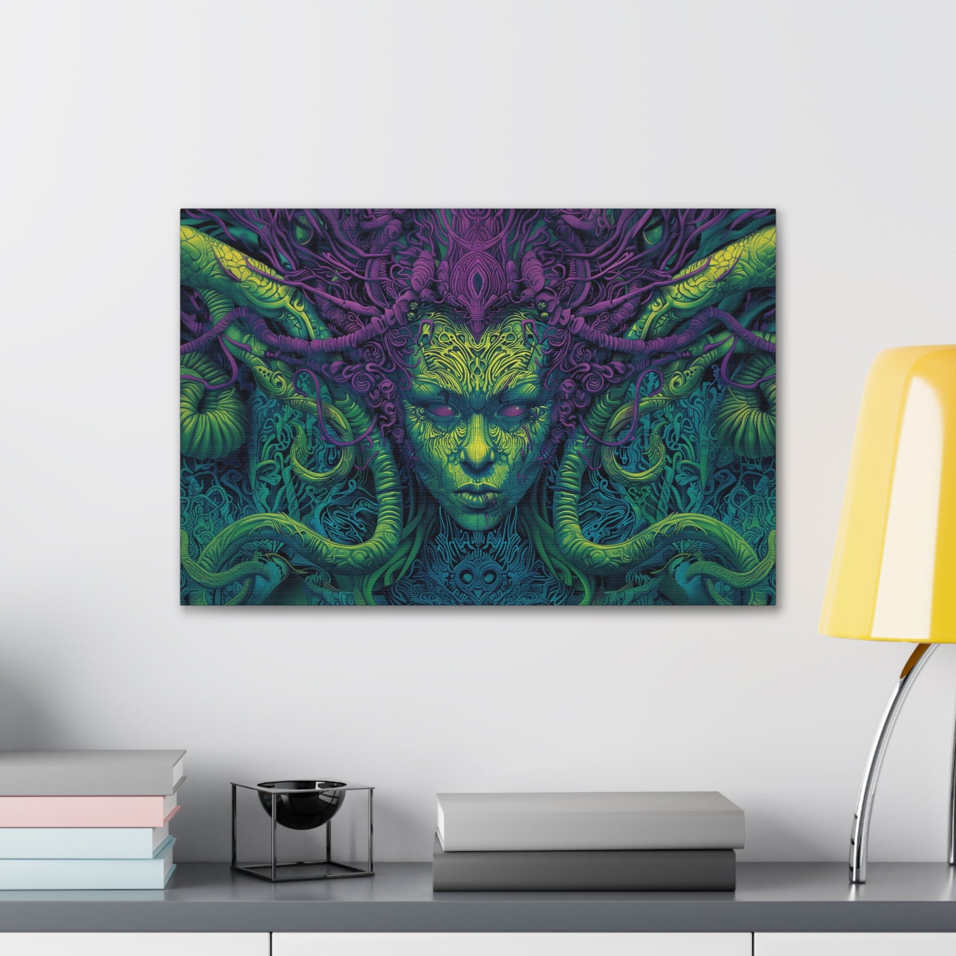 Horizontal-oriented artwork: Illustration inspired artwork featuring an otherworldly queen with green skin and purple tentacles, set against a dark and mysterious background. The queen's symmetrical face and intricate design elements evoke an aura of eerie mystique.