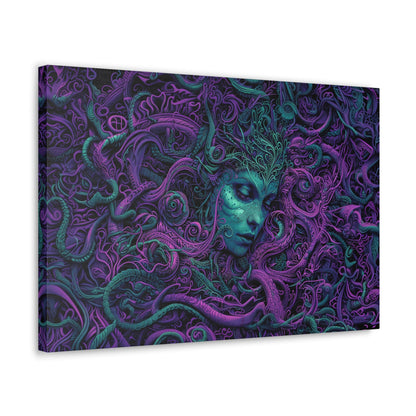 Horizontal-oriented artwork: Illustration inspired artwork featuring an otherworldly queen with green skin and purple tentacles, set against a dark and mysterious background. The queen's symmetrical face and intricate design elements evoke an aura of eerie mystique.