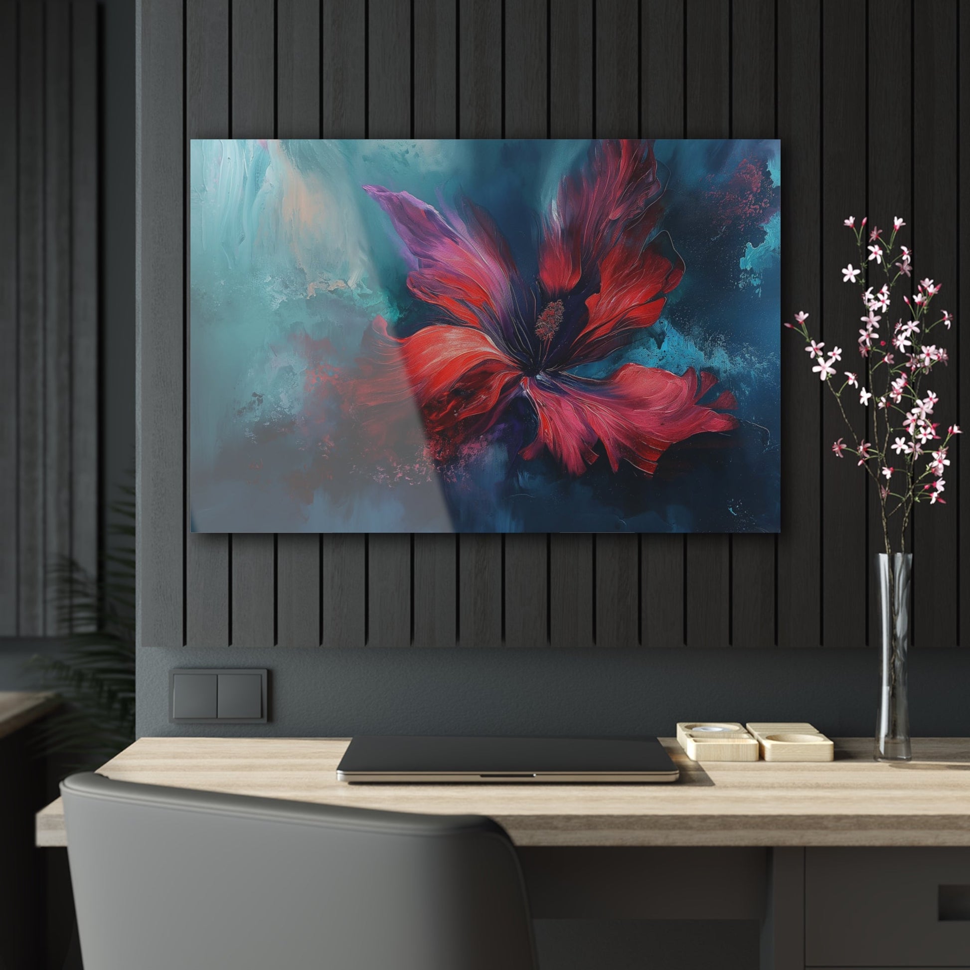 Horizontal-oriented wall art: "Crimson Bloom" A vibrant red flower in full bloom, with delicate crimson petals unfolding against a serene blue background. This abstract artwork captures the elegance and tranquility of nature, inviting a sense of calm and introspection.