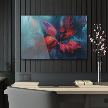 Horizontal-oriented wall art: "Crimson Bloom" A vibrant red flower in full bloom, with delicate crimson petals unfolding against a serene blue background. This abstract artwork captures the elegance and tranquility of nature, inviting a sense of calm and introspection.