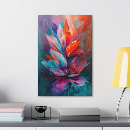 Vertical-oriented artwork: Vivid Floral Kaleidoscope - An abstract still life painting featuring a dynamic mix of colorful flowers in a kaleidoscopic arrangement, bursting with vibrant hues and intricate patterns.