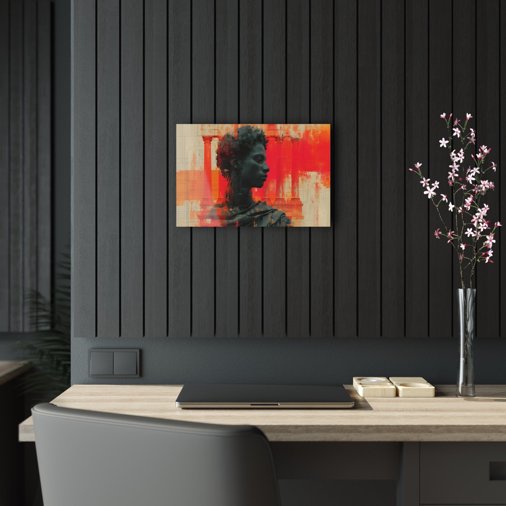 Horizontal-Oriented wall art: Digital artwork titled AfroSync from the Renaissance Rebooted collection, featuring a Renaissance-inspired male statue with an Afro-centric twist, surrounded by glitch art and vibrant red and orange tones. The image combines classical sculpture with modern digital elements, symbolizing the fusion of tradition and technology.
