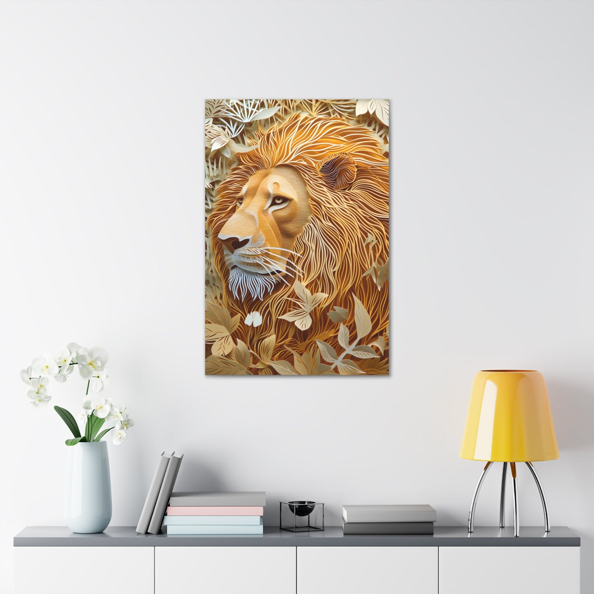 Celebrate the majestic beauty of the lion with 'Cut to the King II,' a stunning piece from our Wildlife Whims collection. This paper cutout inspired artwork captures the regal essence of the king of the jungle, with exquisite details and vibrant colors, adding a touch of the wild to your space.