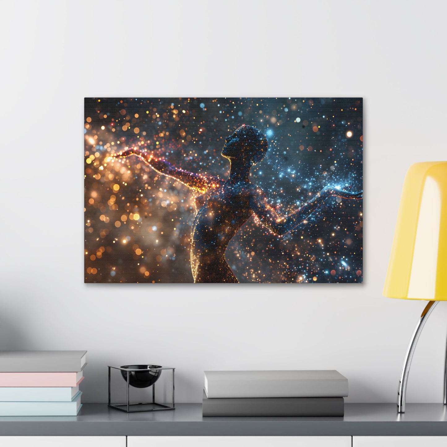 Captivating pointillism artwork featuring a graceful female silhouette amidst a cosmic backdrop, seamlessly blending celestial elements and the elegance of the human form in Stellar Poise.