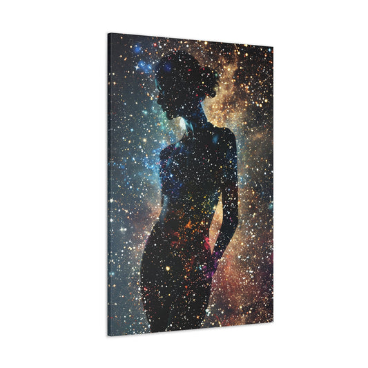 Captivating pointillism artwork featuring a graceful female silhouette amidst a cosmic backdrop, seamlessly blending celestial elements and the elegance of the human form in Stellar Poise II.