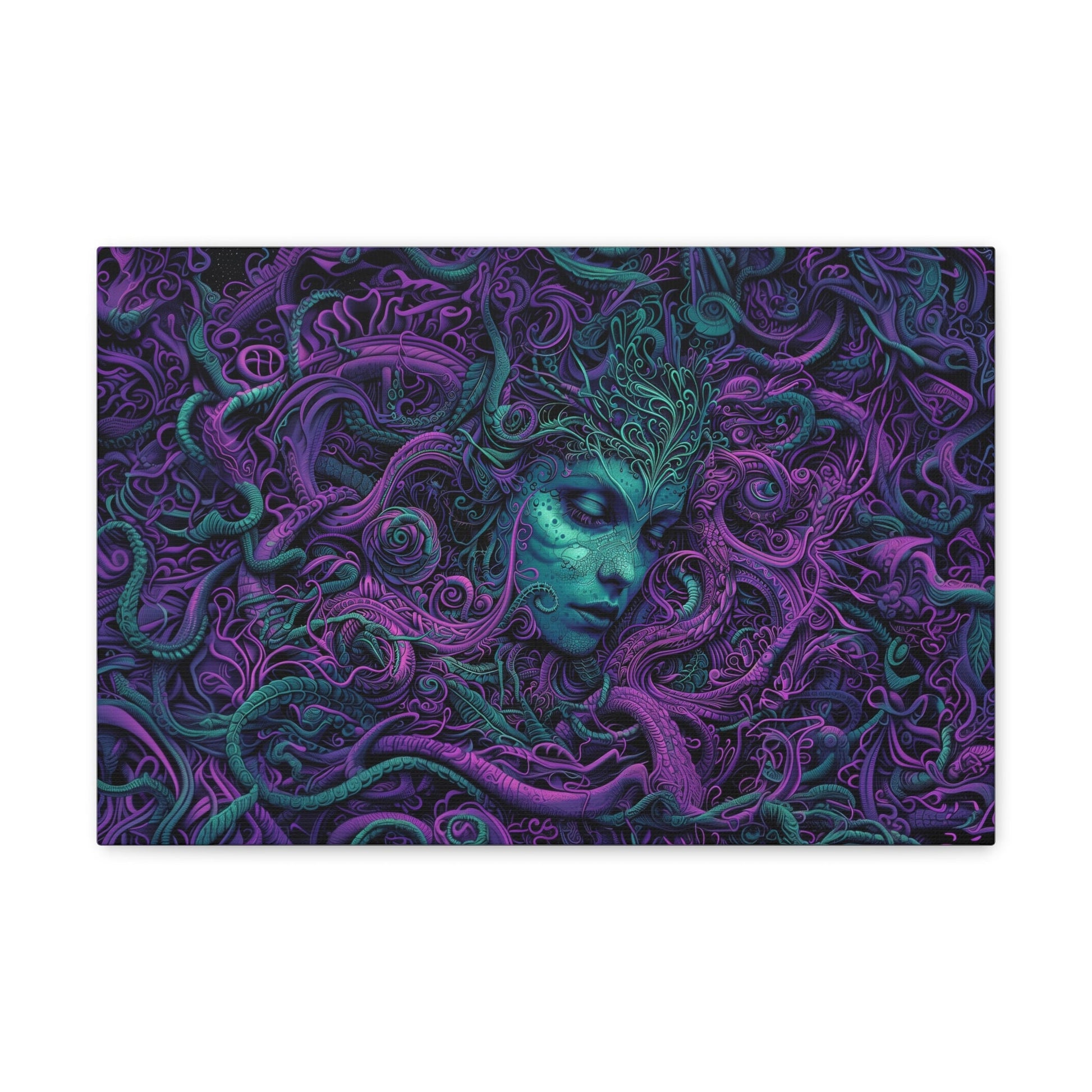 Horizontal-oriented artwork: Illustration inspired artwork featuring an otherworldly queen with green skin and purple tentacles, set against a dark and mysterious background. The queen's symmetrical face and intricate design elements evoke an aura of eerie mystique.