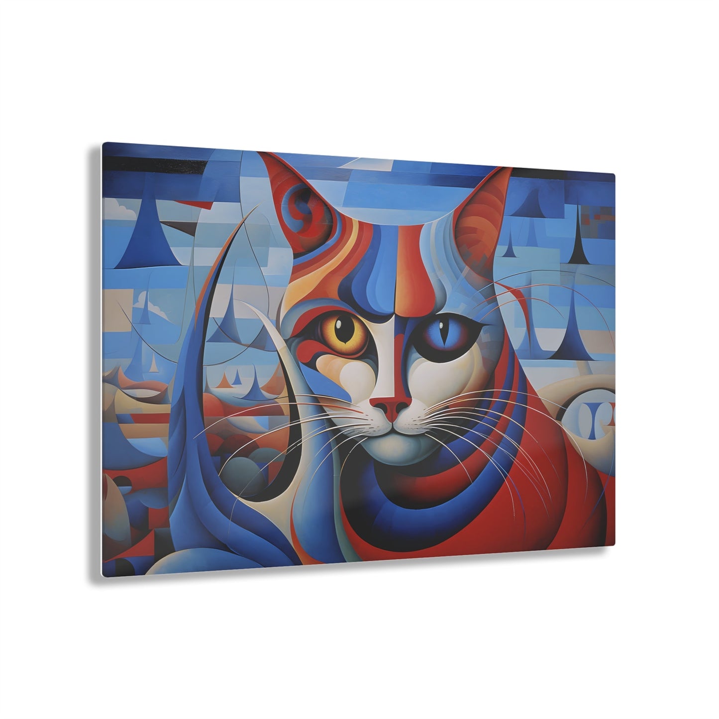 Horizontal-oriented wall art: A vibrant, cubist-inspired depiction of a cat's face, featuring bold geometric shapes and a striking mix of red, blue, and orange tones. The cat's eyes are prominently highlighted, with one eye in yellow and the other in blue, creating a captivating contrast against the abstract background.