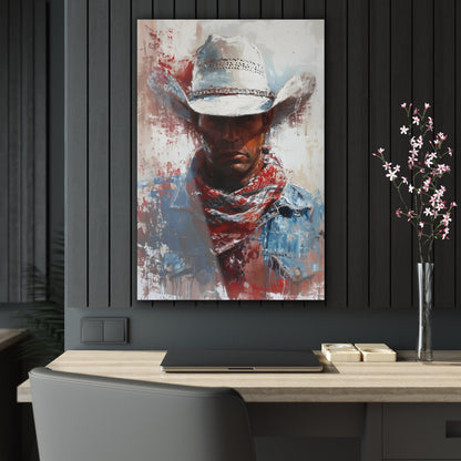 Vertical-oriented artwork: Portrait of a Cowboy II depicts a close-up portrait of a lone cowboy, his face partially obscured by a wide-brimmed hat, rendered in the Impressionist style with charming details and contrasting values, capturing the rugged beauty of the Old West.