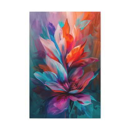 Vertical-oriented artwork: Vivid Floral Kaleidoscope - An abstract still life painting featuring a dynamic mix of colorful flowers in a kaleidoscopic arrangement, bursting with vibrant hues and intricate patterns.