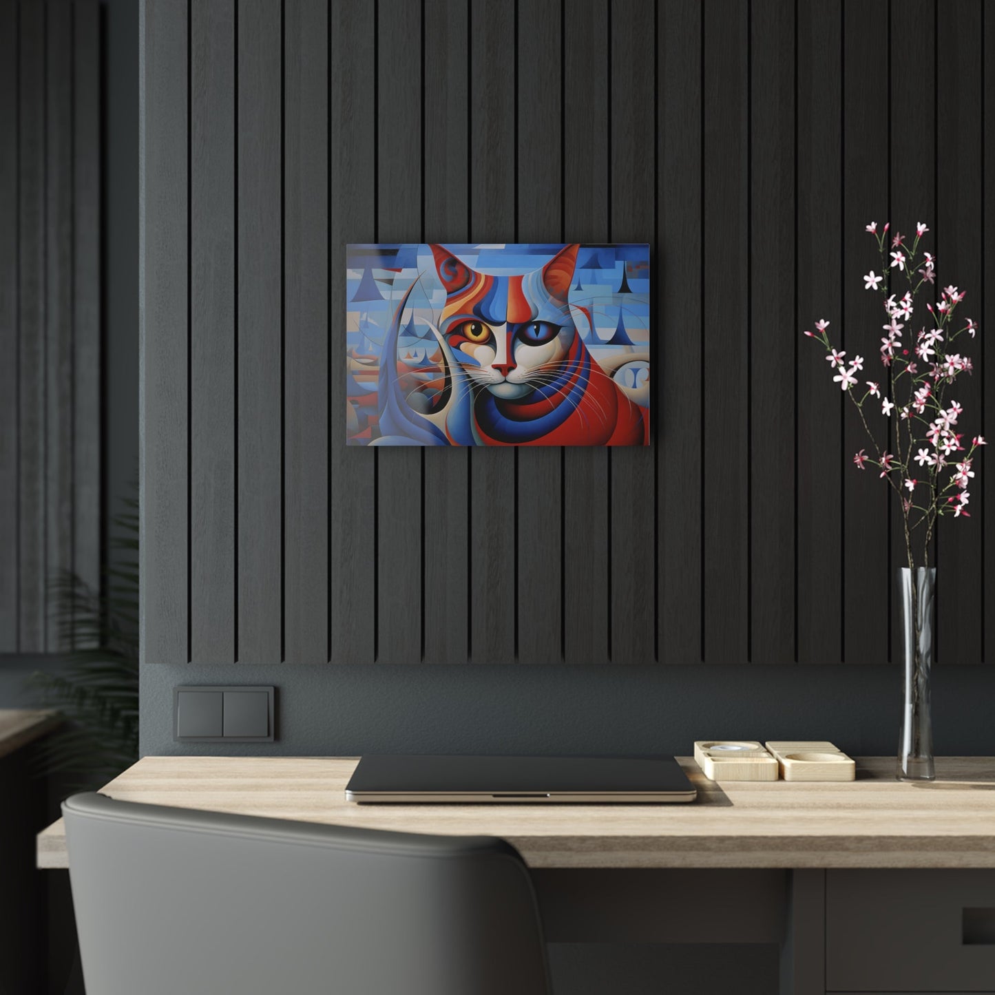 Horizontal-oriented wall art: A vibrant, cubist-inspired depiction of a cat's face, featuring bold geometric shapes and a striking mix of red, blue, and orange tones. The cat's eyes are prominently highlighted, with one eye in yellow and the other in blue, creating a captivating contrast against the abstract background.