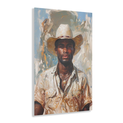 Vertical-oriented artwork: Portrait of a Cowboy IV depicts a close-up portrait of an african-american lone cowboy, his face partially obscured by a wide-brimmed hat, rendered in the Impressionist style with charming details and contrasting values, capturing the rugged beauty of the Old West.