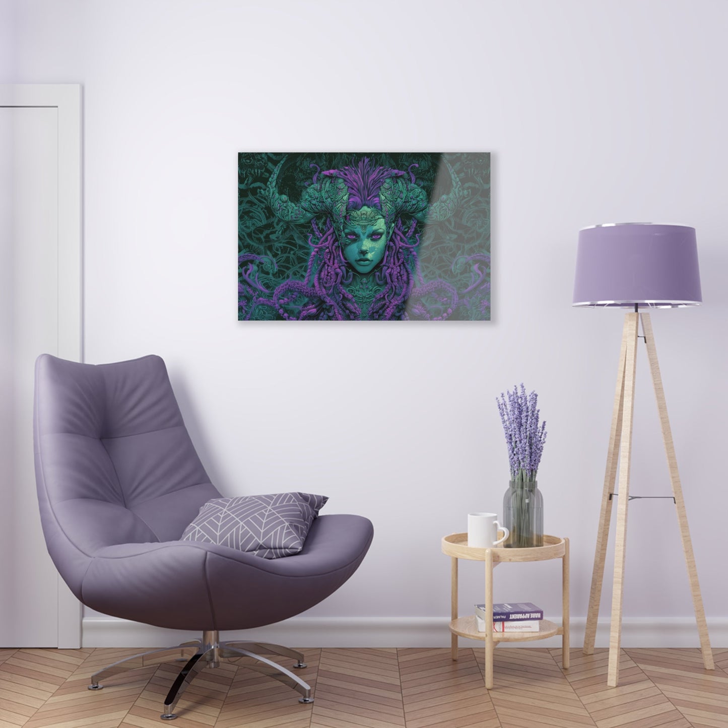 Horizontal-oriented artwork: Illustration inspired artwork featuring an otherworldly queen with green skin and purple tentacles, set against a dark and mysterious background. The queen's symmetrical face and intricate design elements evoke an aura of eerie mystique.