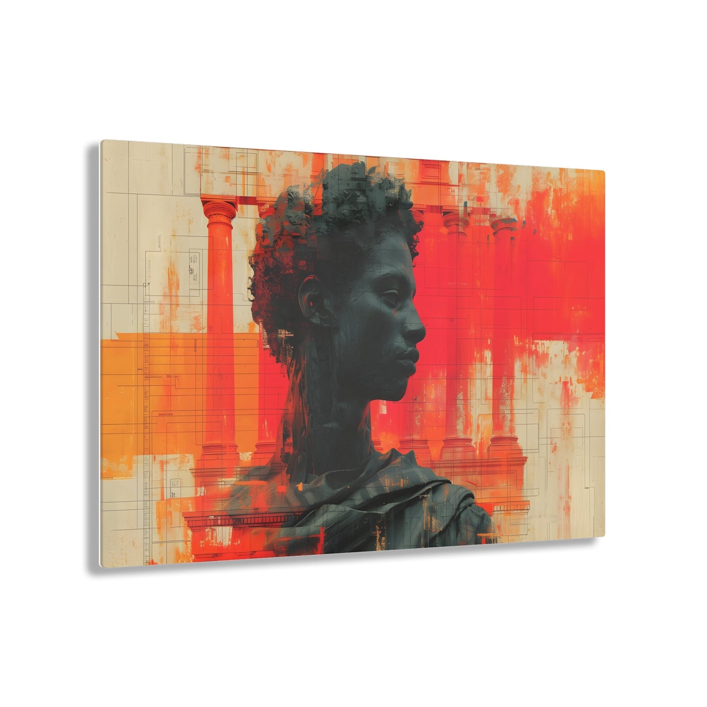 Horizontal-Oriented wall art: Digital artwork titled AfroSync from the Renaissance Rebooted collection, featuring a Renaissance-inspired male statue with an Afro-centric twist, surrounded by glitch art and vibrant red and orange tones. The image combines classical sculpture with modern digital elements, symbolizing the fusion of tradition and technology.
