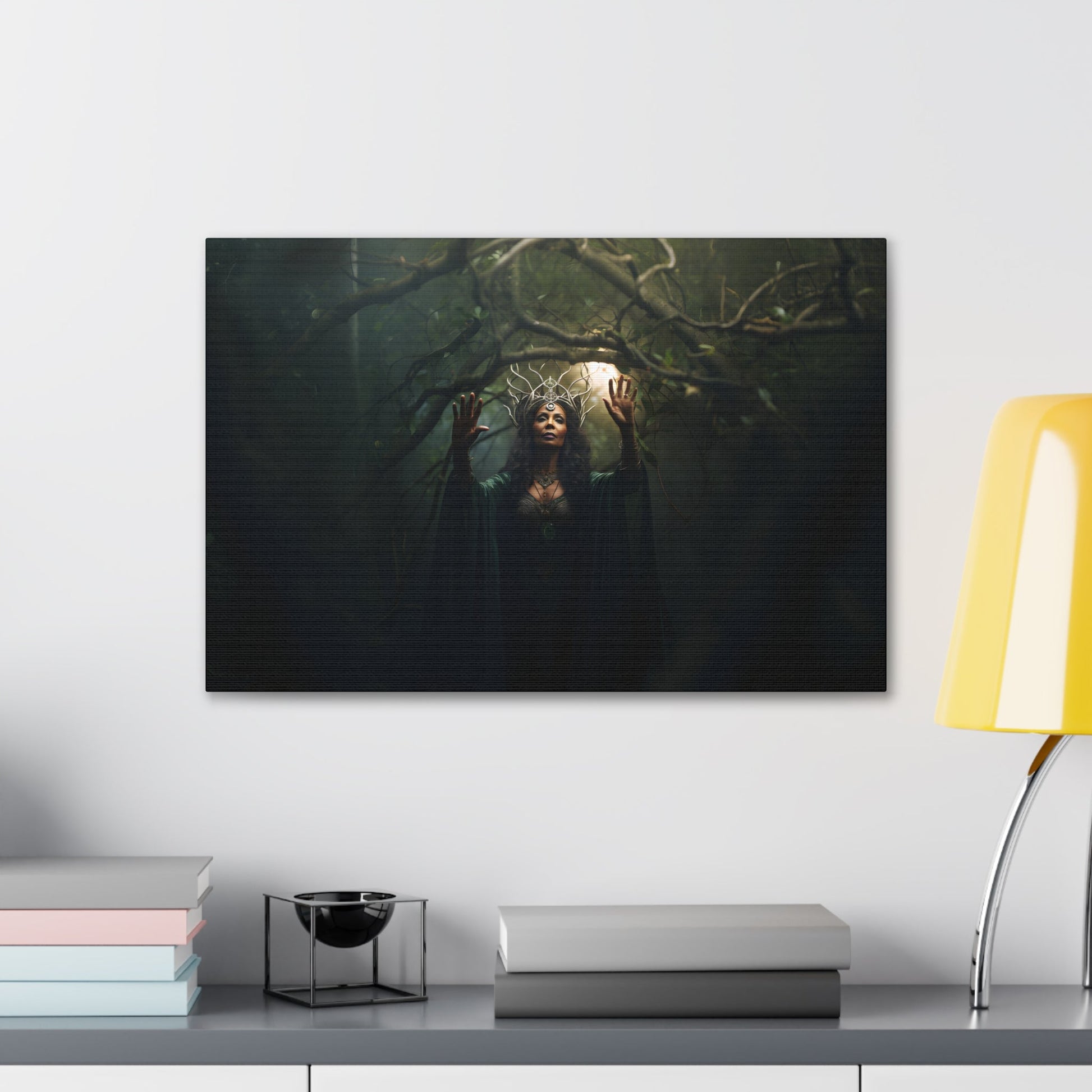 Horizontal-oriented wall art: 'Nature's Protector' from the Paragons of Play collection features a maternal druid standing amid the forest, invoking a spell to conjure protective vines. Her gentle yet powerful presence embodies the spirit of nature's defense and nurturing heart. This artwork encapsulates the harmony of natural magic and a guardian's undying dedication.