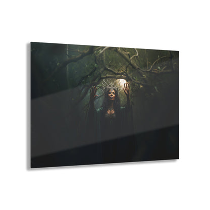 Horizontal-oriented wall art: 'Nature's Protector' from the Paragons of Play collection features a maternal druid standing amid the forest, invoking a spell to conjure protective vines. Her gentle yet powerful presence embodies the spirit of nature's defense and nurturing heart. This artwork encapsulates the harmony of natural magic and a guardian's undying dedication.