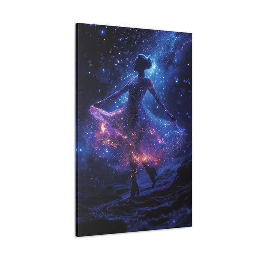 Capturing the celestial grace of a ballerina dancing amidst stars, Cosmic Ballet wall art adds an enchanting touch of cosmic elegance to your space, featuring a celestial dancer with a dress adorned by cosmic constellations with blue, pink, and purple hues.