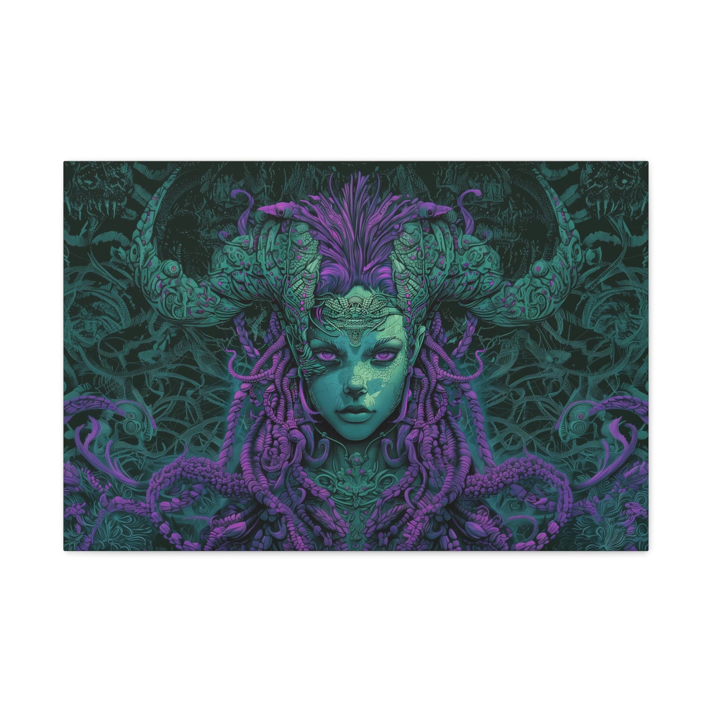 Horizontal-oriented artwork: Illustration inspired artwork featuring an otherworldly queen with green skin and purple tentacles, set against a dark and mysterious background. The queen's symmetrical face and intricate design elements evoke an aura of eerie mystique.