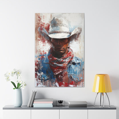 Vertical-oriented artwork: Portrait of a Cowboy II depicts a close-up portrait of a lone cowboy, his face partially obscured by a wide-brimmed hat, rendered in the Impressionist style with charming details and contrasting values, capturing the rugged beauty of the Old West.