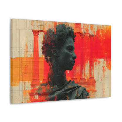 Horizontal-Oriented wall art: Digital artwork titled AfroSync from the Renaissance Rebooted collection, featuring a Renaissance-inspired male statue with an Afro-centric twist, surrounded by glitch art and vibrant red and orange tones. The image combines classical sculpture with modern digital elements, symbolizing the fusion of tradition and technology.
