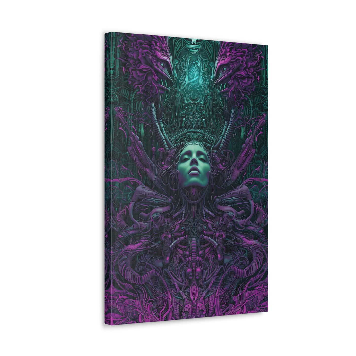 Vertical-oriented artwork: Illustration inspired artwork featuring an otherworldly queen with green skin and purple tentacles, set against a dark and mysterious background. The queen's symmetrical face and intricate design elements evoke an aura of eerie mystique.