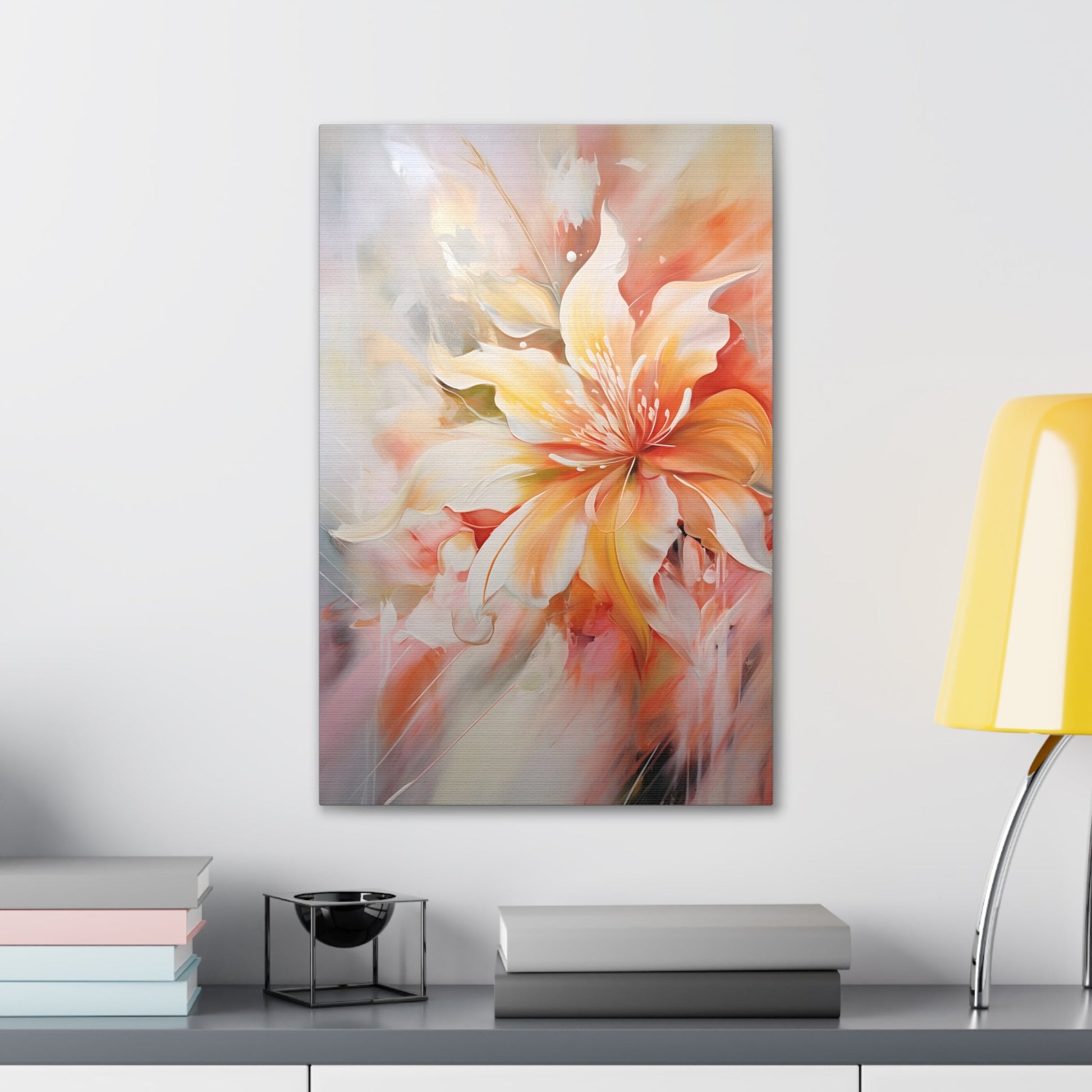 Vertical-Oriented wall art: "Whispering Ivory II" A soft, ivory-colored flower with gentle petals in shades of cream, peach, and blush, captured in flowing brushstrokes. This abstract artwork exudes tranquility and elegance, creating a serene atmosphere.