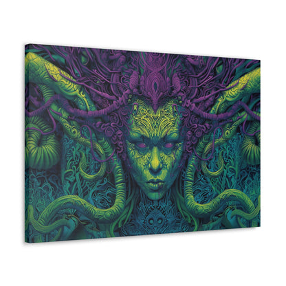 Horizontal-oriented artwork: Illustration inspired artwork featuring an otherworldly queen with green skin and purple tentacles, set against a dark and mysterious background. The queen's symmetrical face and intricate design elements evoke an aura of eerie mystique.