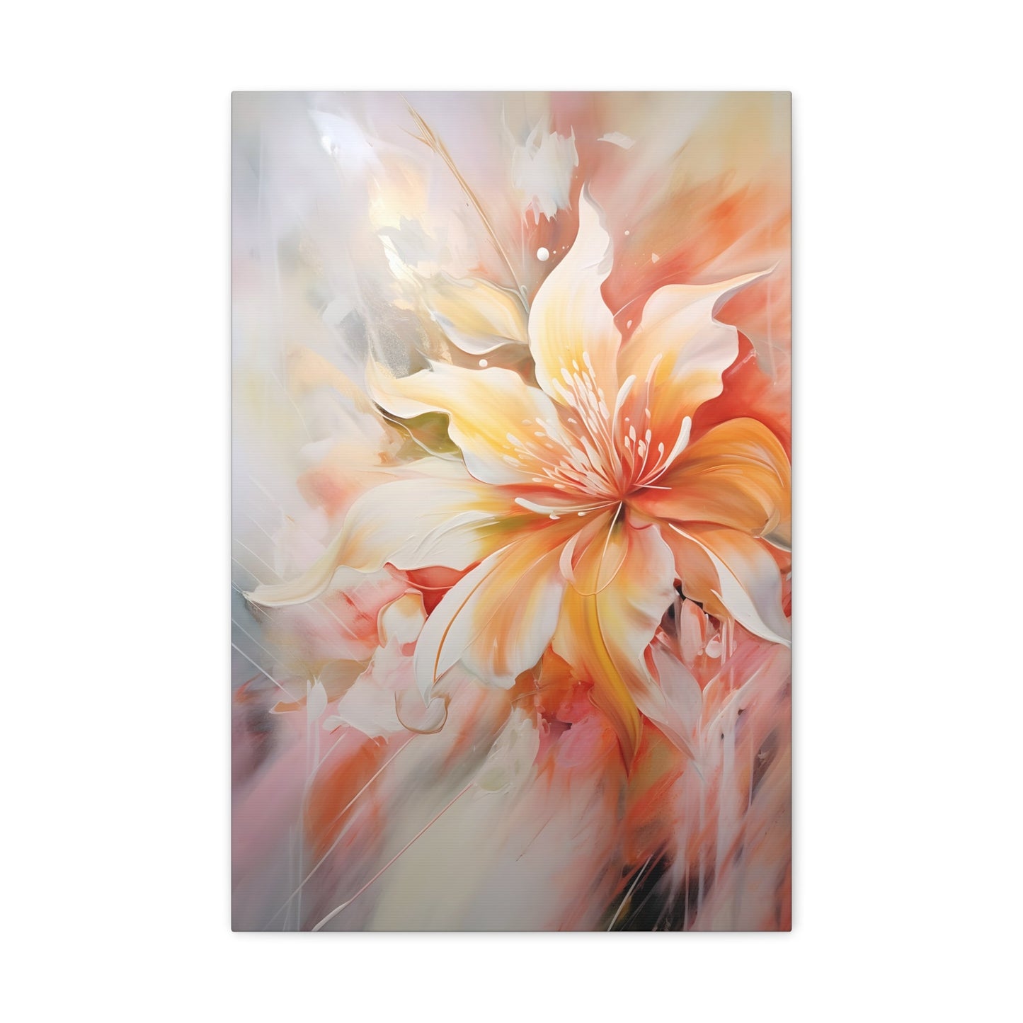 Vertical-Oriented wall art: "Whispering Ivory II" A soft, ivory-colored flower with gentle petals in shades of cream, peach, and blush, captured in flowing brushstrokes. This abstract artwork exudes tranquility and elegance, creating a serene atmosphere.