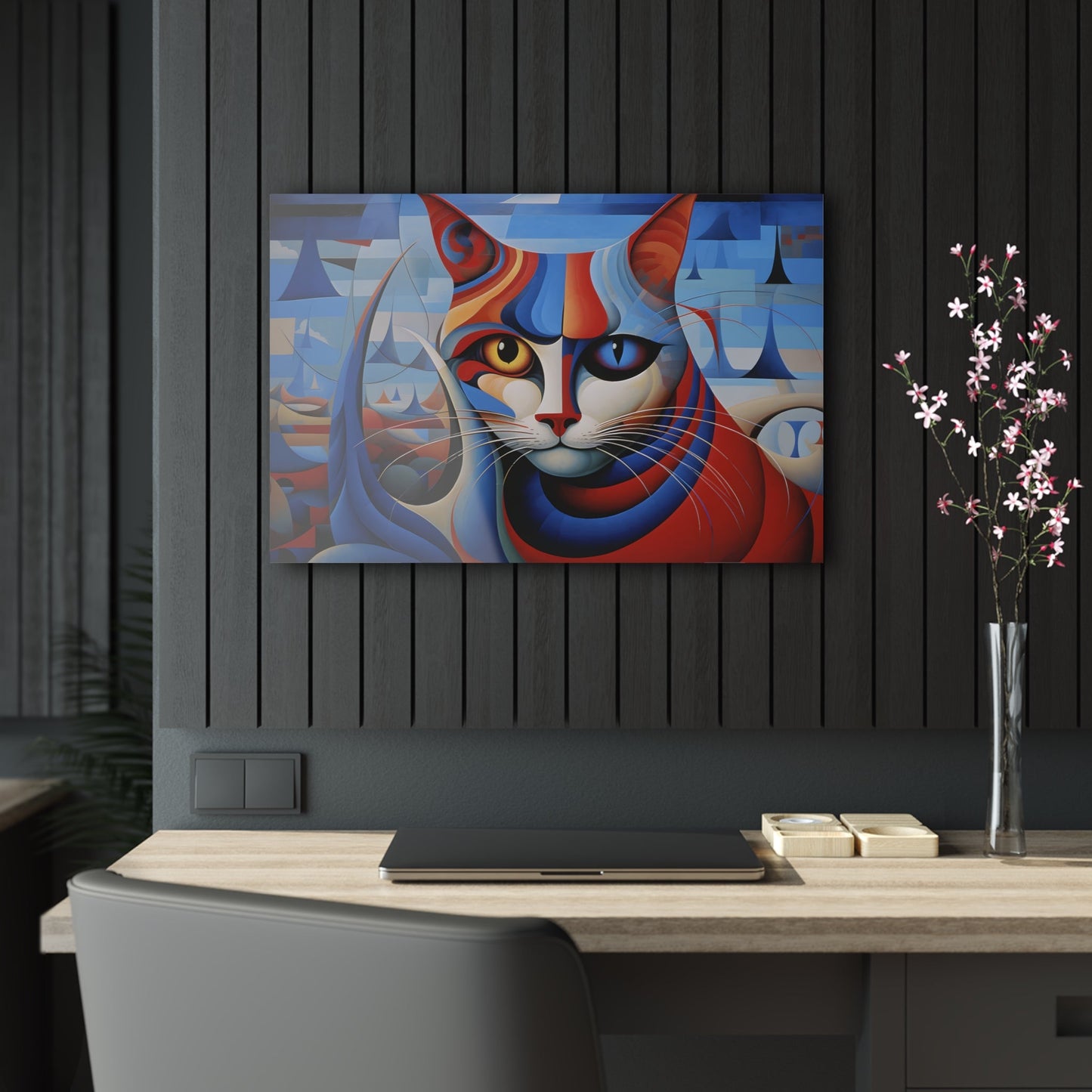 Horizontal-oriented wall art: A vibrant, cubist-inspired depiction of a cat's face, featuring bold geometric shapes and a striking mix of red, blue, and orange tones. The cat's eyes are prominently highlighted, with one eye in yellow and the other in blue, creating a captivating contrast against the abstract background.