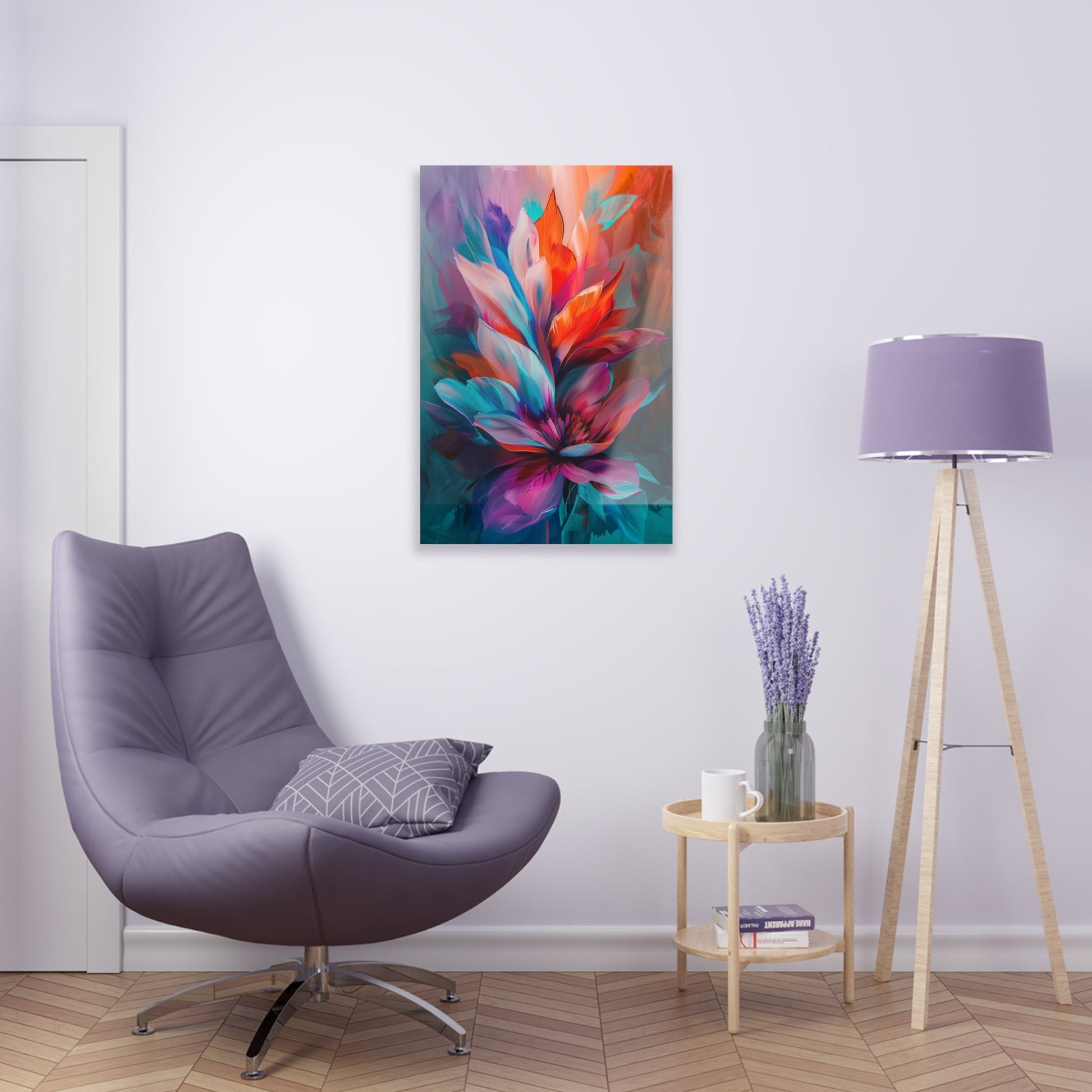 Vertical-oriented artwork: Vivid Floral Kaleidoscope - An abstract still life painting featuring a dynamic mix of colorful flowers in a kaleidoscopic arrangement, bursting with vibrant hues and intricate patterns.