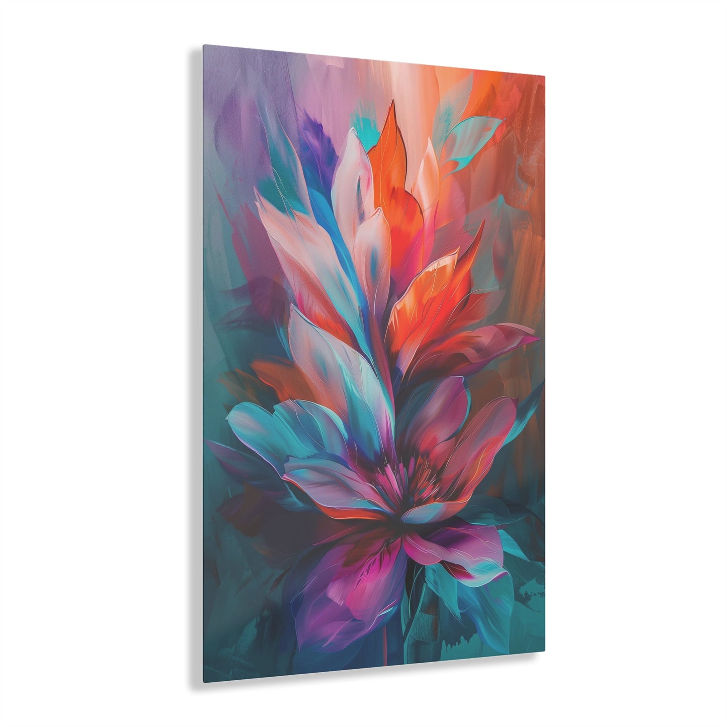 Vertical-oriented artwork: Vivid Floral Kaleidoscope - An abstract still life painting featuring a dynamic mix of colorful flowers in a kaleidoscopic arrangement, bursting with vibrant hues and intricate patterns.