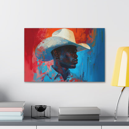 Horizontal-oriented artwork: Portrait of a Cowboy III depicts a close-up portrait of a lone cowboy, his face partially obscured by a wide-brimmed hat, rendered in the Impressionist style with charming details and contrasting values, capturing the rugged beauty of the Old West.