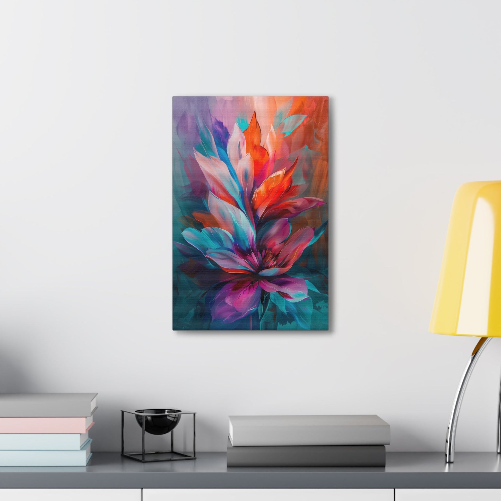 Vertical-oriented artwork: Vivid Floral Kaleidoscope - An abstract still life painting featuring a dynamic mix of colorful flowers in a kaleidoscopic arrangement, bursting with vibrant hues and intricate patterns.