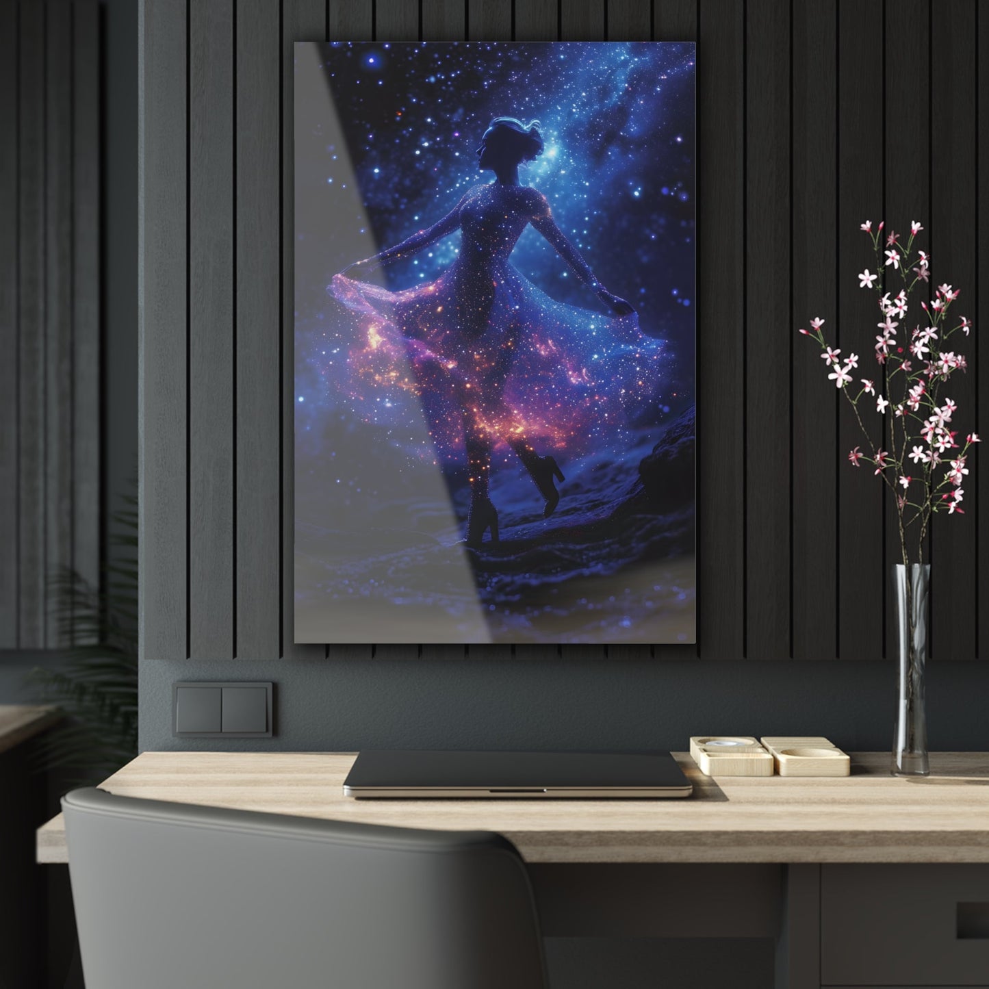 Capturing the celestial grace of a ballerina dancing amidst stars, Cosmic Ballet wall art adds an enchanting touch of cosmic elegance to your space, featuring a celestial dancer with a dress adorned by cosmic constellations with blue, pink, and purple hues.