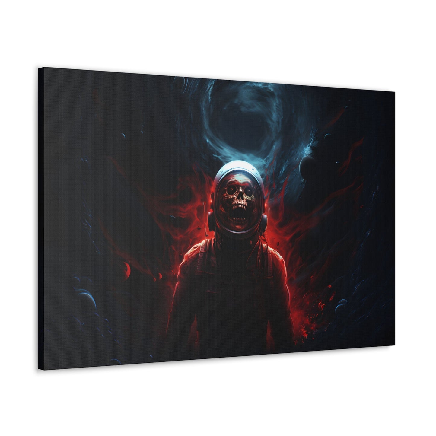 Horizontal-oriented wall art:'Cosmic Remains' from the Deep Space Dread collection features a surreal depiction of an astronaut's skeletal figure suspended in the vastness of space. The artwork showcases intricate details and cosmic hues, capturing the enigma of cosmic mysteries and otherworldly encounters.