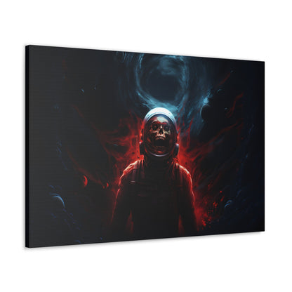 Horizontal-oriented wall art:'Cosmic Remains' from the Deep Space Dread collection features a surreal depiction of an astronaut's skeletal figure suspended in the vastness of space. The artwork showcases intricate details and cosmic hues, capturing the enigma of cosmic mysteries and otherworldly encounters.