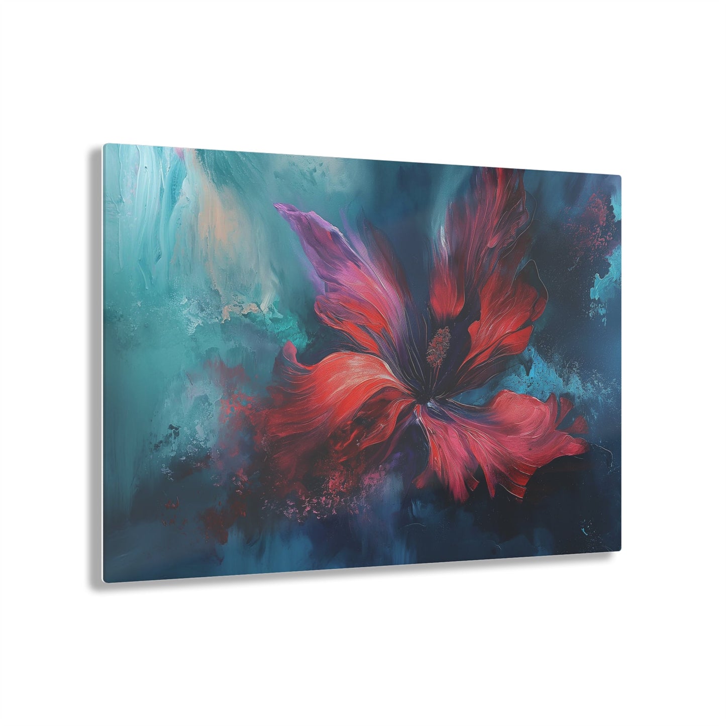 Horizontal-oriented wall art: "Crimson Bloom" A vibrant red flower in full bloom, with delicate crimson petals unfolding against a serene blue background. This abstract artwork captures the elegance and tranquility of nature, inviting a sense of calm and introspection.