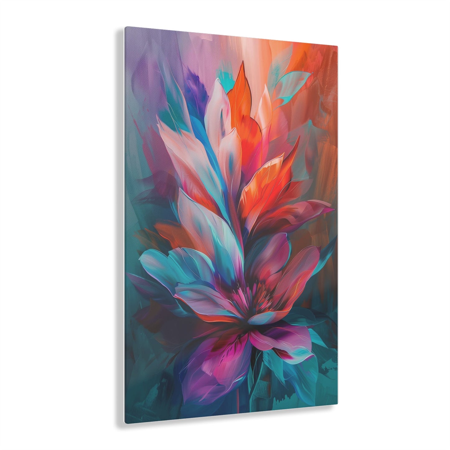 Vertical-oriented artwork: Vivid Floral Kaleidoscope - An abstract still life painting featuring a dynamic mix of colorful flowers in a kaleidoscopic arrangement, bursting with vibrant hues and intricate patterns.