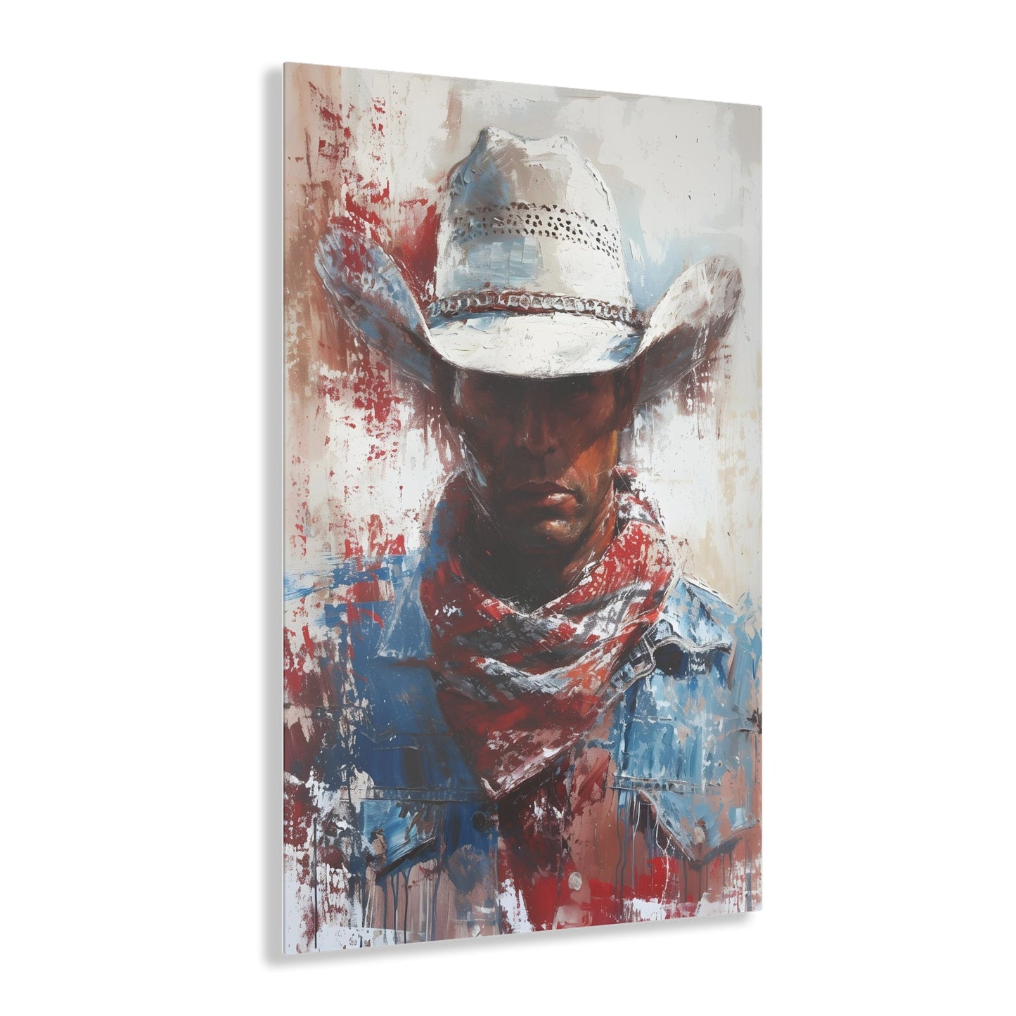 Vertical-oriented artwork: Portrait of a Cowboy II depicts a close-up portrait of a lone cowboy, his face partially obscured by a wide-brimmed hat, rendered in the Impressionist style with charming details and contrasting values, capturing the rugged beauty of the Old West.