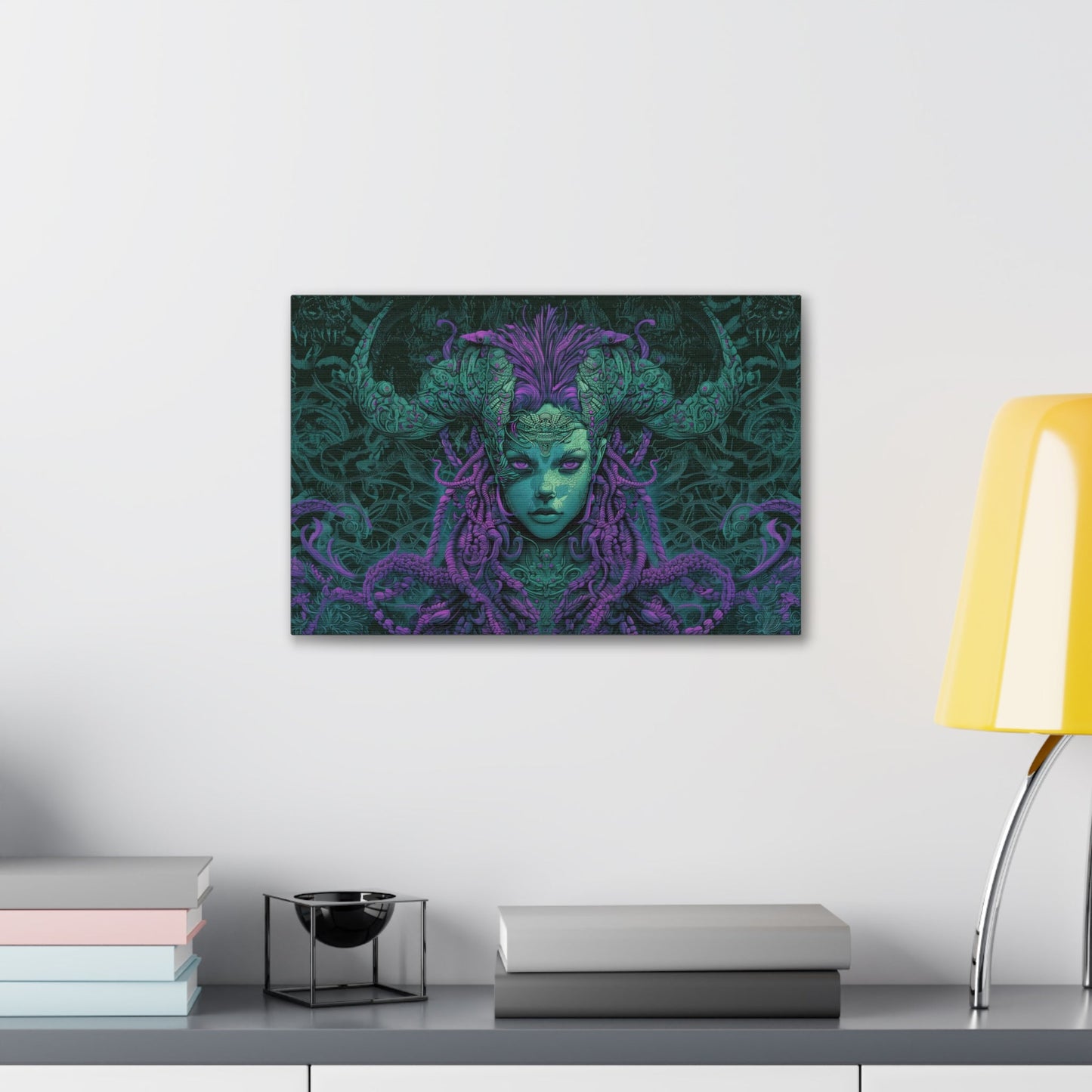 Horizontal-oriented artwork: Illustration inspired artwork featuring an otherworldly queen with green skin and purple tentacles, set against a dark and mysterious background. The queen's symmetrical face and intricate design elements evoke an aura of eerie mystique.