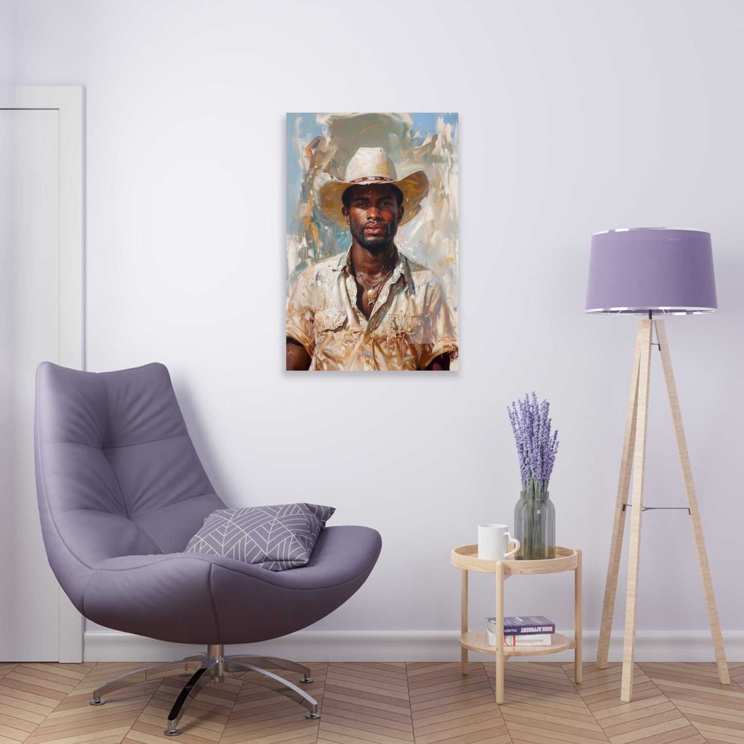 Vertical-oriented artwork: Portrait of a Cowboy IV depicts a close-up portrait of an african-american lone cowboy, his face partially obscured by a wide-brimmed hat, rendered in the Impressionist style with charming details and contrasting values, capturing the rugged beauty of the Old West.