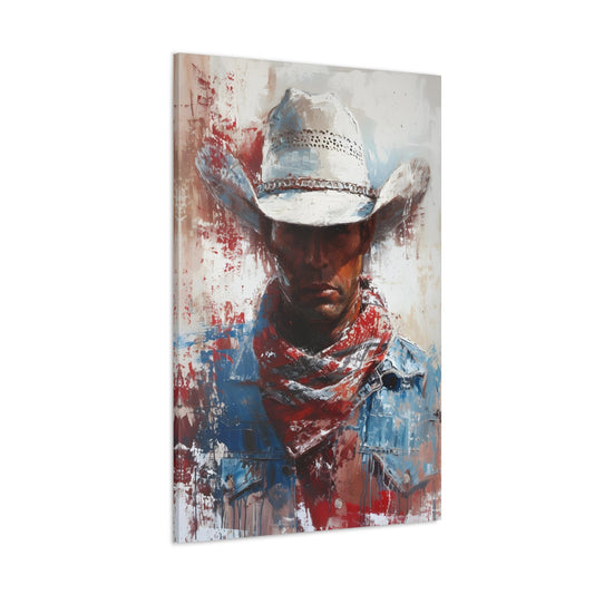 Vertical-oriented artwork: Portrait of a Cowboy II depicts a close-up portrait of a lone cowboy, his face partially obscured by a wide-brimmed hat, rendered in the Impressionist style with charming details and contrasting values, capturing the rugged beauty of the Old West.