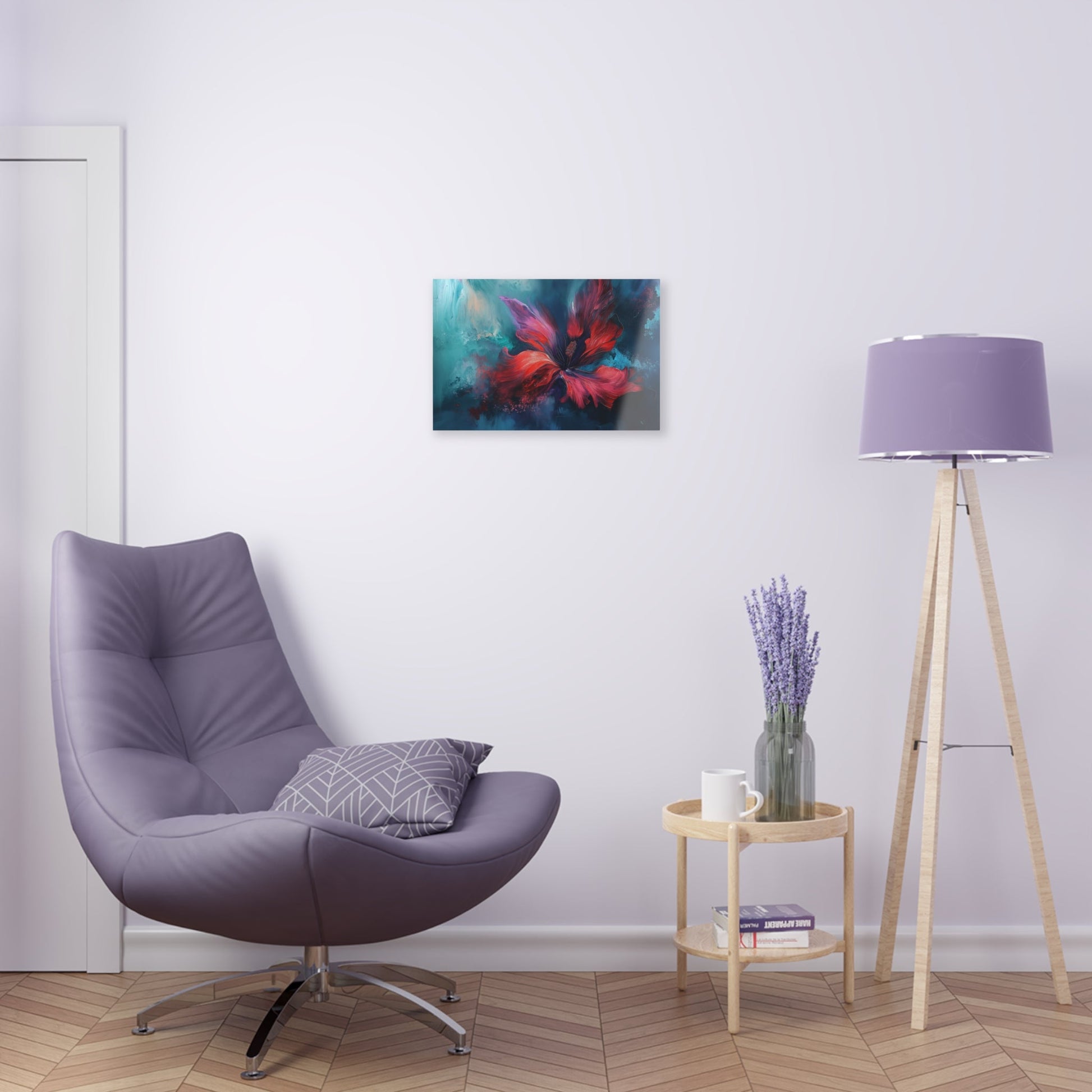 Horizontal-oriented wall art: "Crimson Bloom" A vibrant red flower in full bloom, with delicate crimson petals unfolding against a serene blue background. This abstract artwork captures the elegance and tranquility of nature, inviting a sense of calm and introspection.