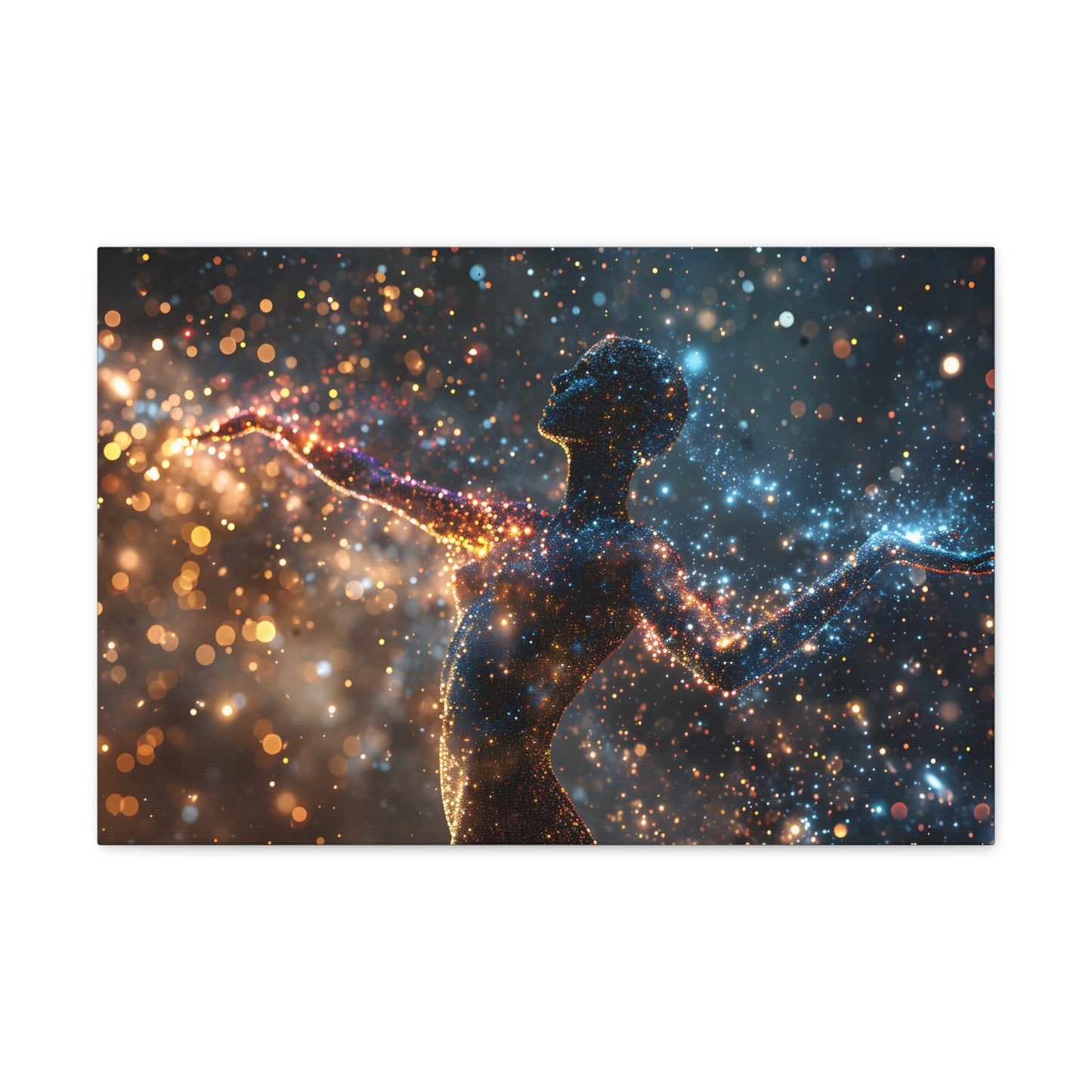 Captivating pointillism artwork featuring a graceful female silhouette amidst a cosmic backdrop, seamlessly blending celestial elements and the elegance of the human form in Stellar Poise.