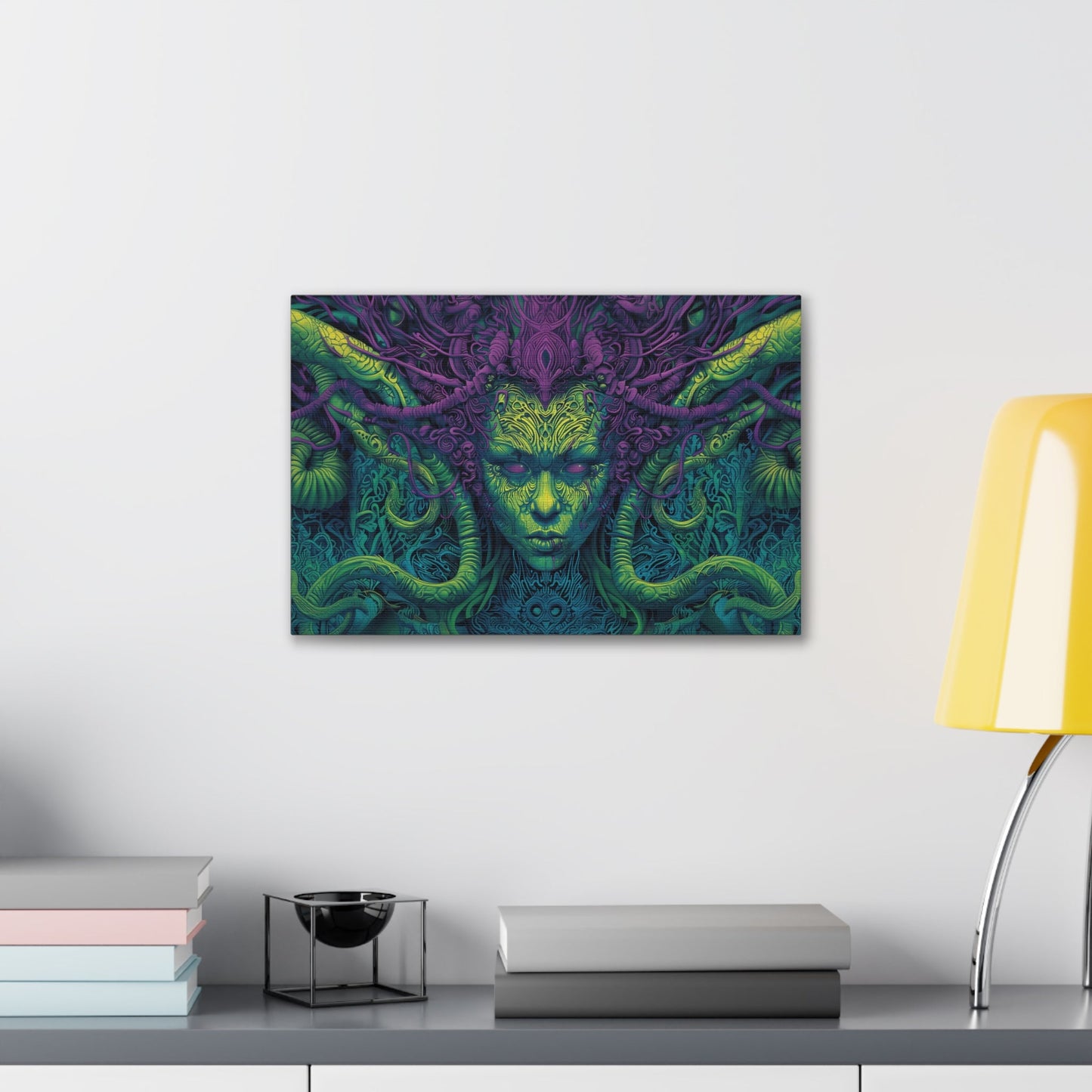 Horizontal-oriented artwork: Illustration inspired artwork featuring an otherworldly queen with green skin and purple tentacles, set against a dark and mysterious background. The queen's symmetrical face and intricate design elements evoke an aura of eerie mystique.