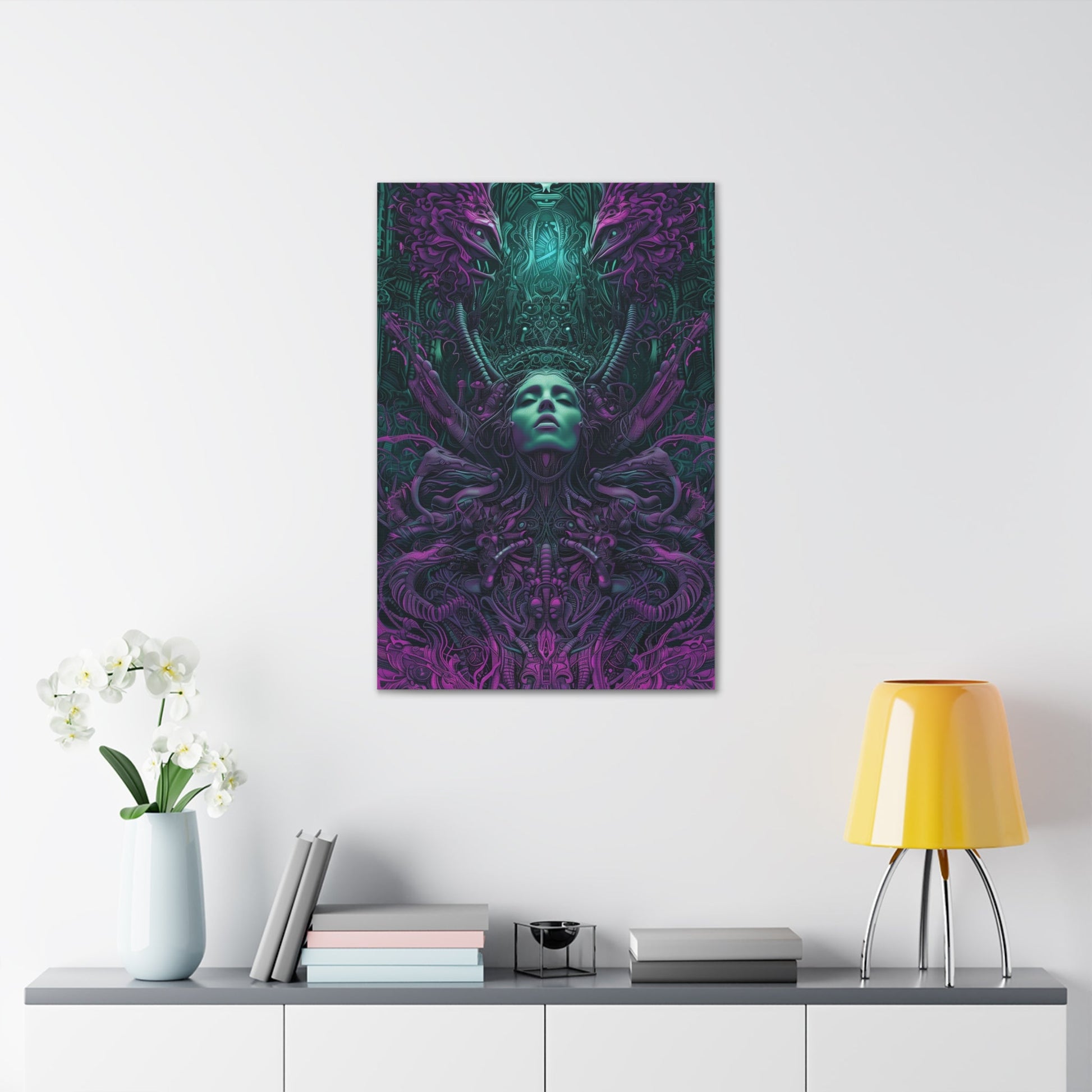 Vertical-oriented artwork: Illustration inspired artwork featuring an otherworldly queen with green skin and purple tentacles, set against a dark and mysterious background. The queen's symmetrical face and intricate design elements evoke an aura of eerie mystique.