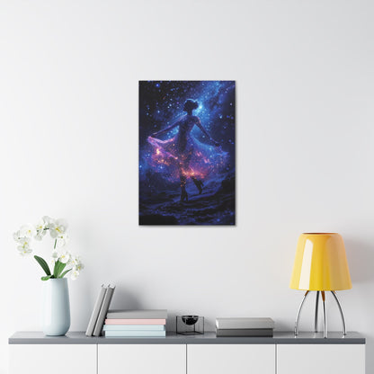 Capturing the celestial grace of a ballerina dancing amidst stars, Cosmic Ballet wall art adds an enchanting touch of cosmic elegance to your space, featuring a celestial dancer with a dress adorned by cosmic constellations with blue, pink, and purple hues.