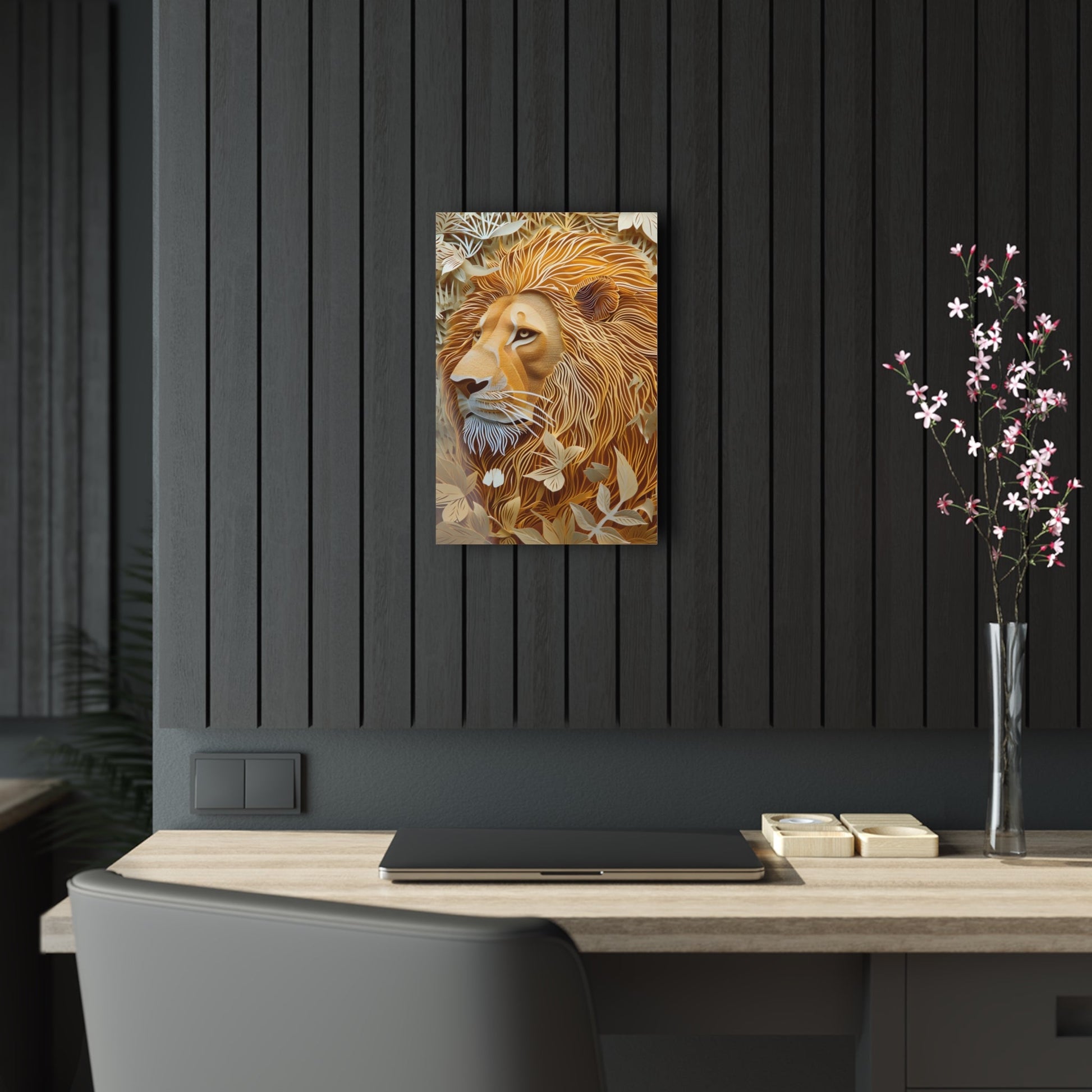 Celebrate the majestic beauty of the lion with 'Cut to the King II,' a stunning piece from our Wildlife Whims collection. This paper cutout inspired artwork captures the regal essence of the king of the jungle, with exquisite details and vibrant colors, adding a touch of the wild to your space.