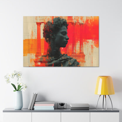 Horizontal-Oriented wall art: Digital artwork titled AfroSync from the Renaissance Rebooted collection, featuring a Renaissance-inspired male statue with an Afro-centric twist, surrounded by glitch art and vibrant red and orange tones. The image combines classical sculpture with modern digital elements, symbolizing the fusion of tradition and technology.
