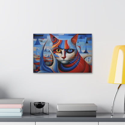 Horizontal-oriented wall art: A vibrant, cubist-inspired depiction of a cat's face, featuring bold geometric shapes and a striking mix of red, blue, and orange tones. The cat's eyes are prominently highlighted, with one eye in yellow and the other in blue, creating a captivating contrast against the abstract background.